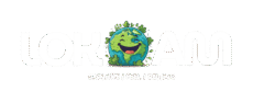 Lokoam eco-tourism logo featuring a happy cartoon Earth surrounded by green leaves